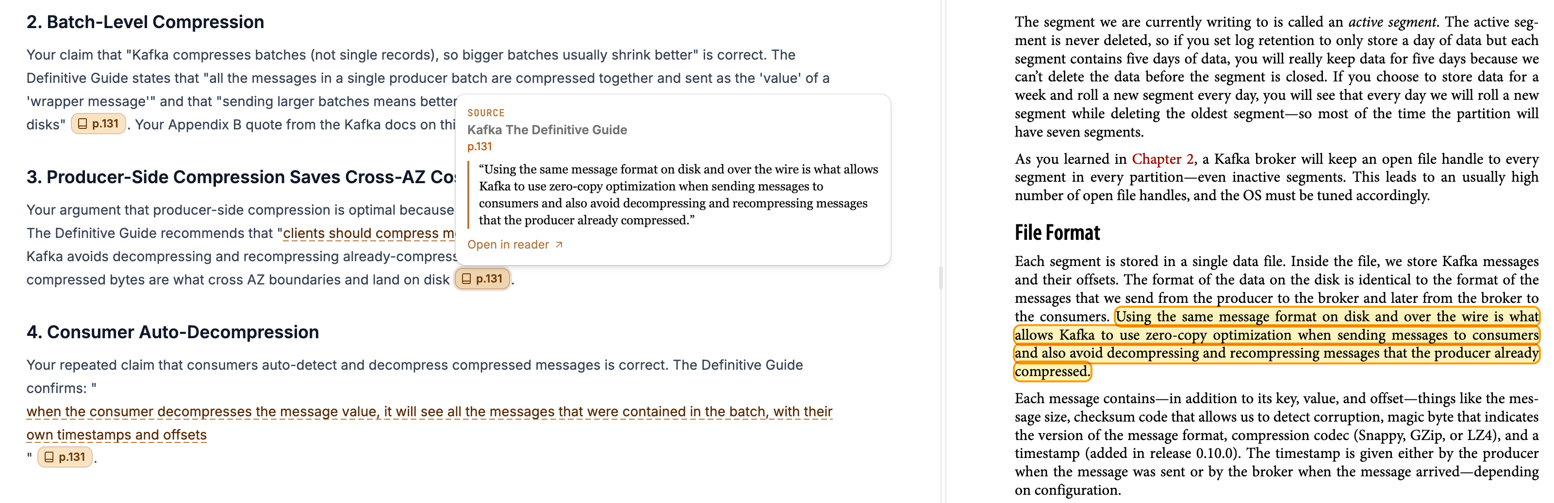 A sentence's citation in an answer and the book page with that sentence highlighted