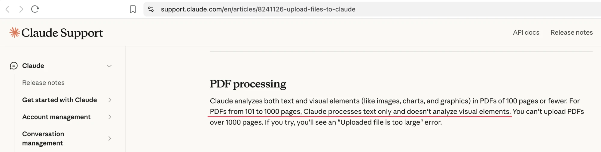 Claude's help center: PDFs over 100 pages are read as text only, without their images or charts.